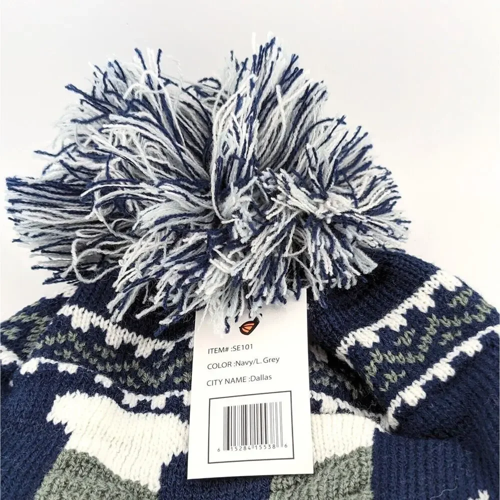 Dallas Cowboys Fair Isle Knit Trapper Hat Ear Flaps Sherpa Lined Beanie Pom Poms